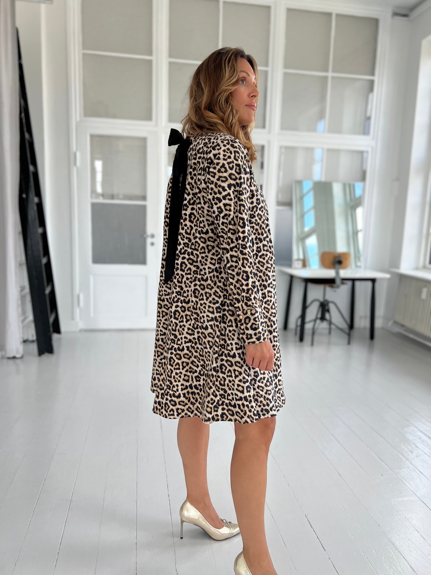 Gaspar bow poplin leopard dress (7706)