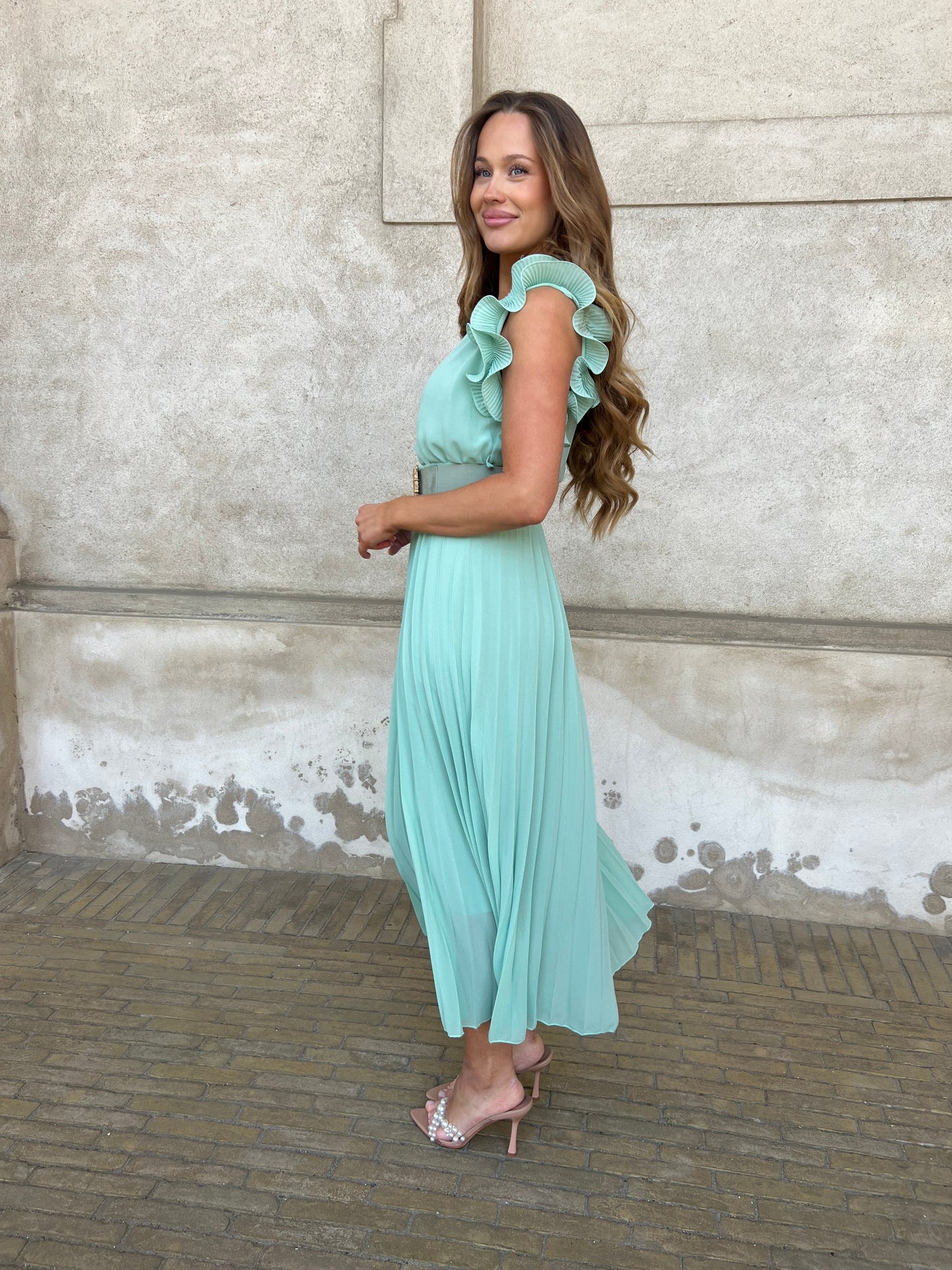 Kaia Green long plisse dress