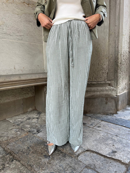 Sandy green- Striped cotton gauze pants (3007)