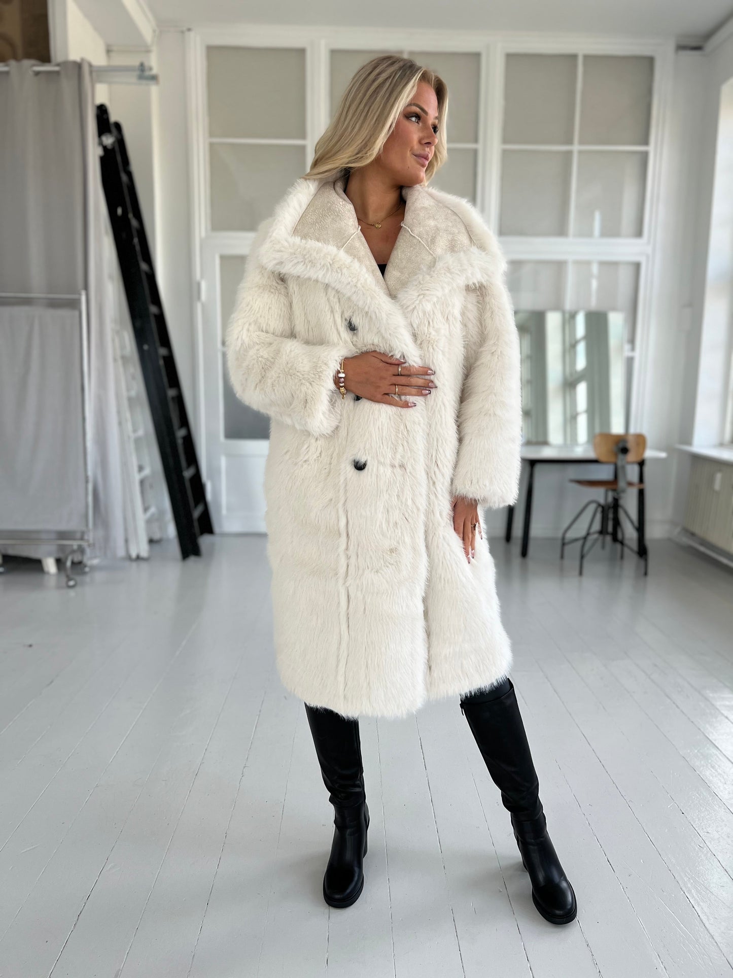 Flam beige faux fur frakke (2212)