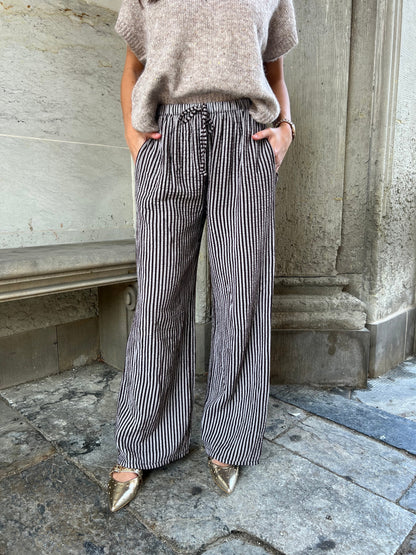 Sandy dark brown - Striped cotton gauze pants (3007)