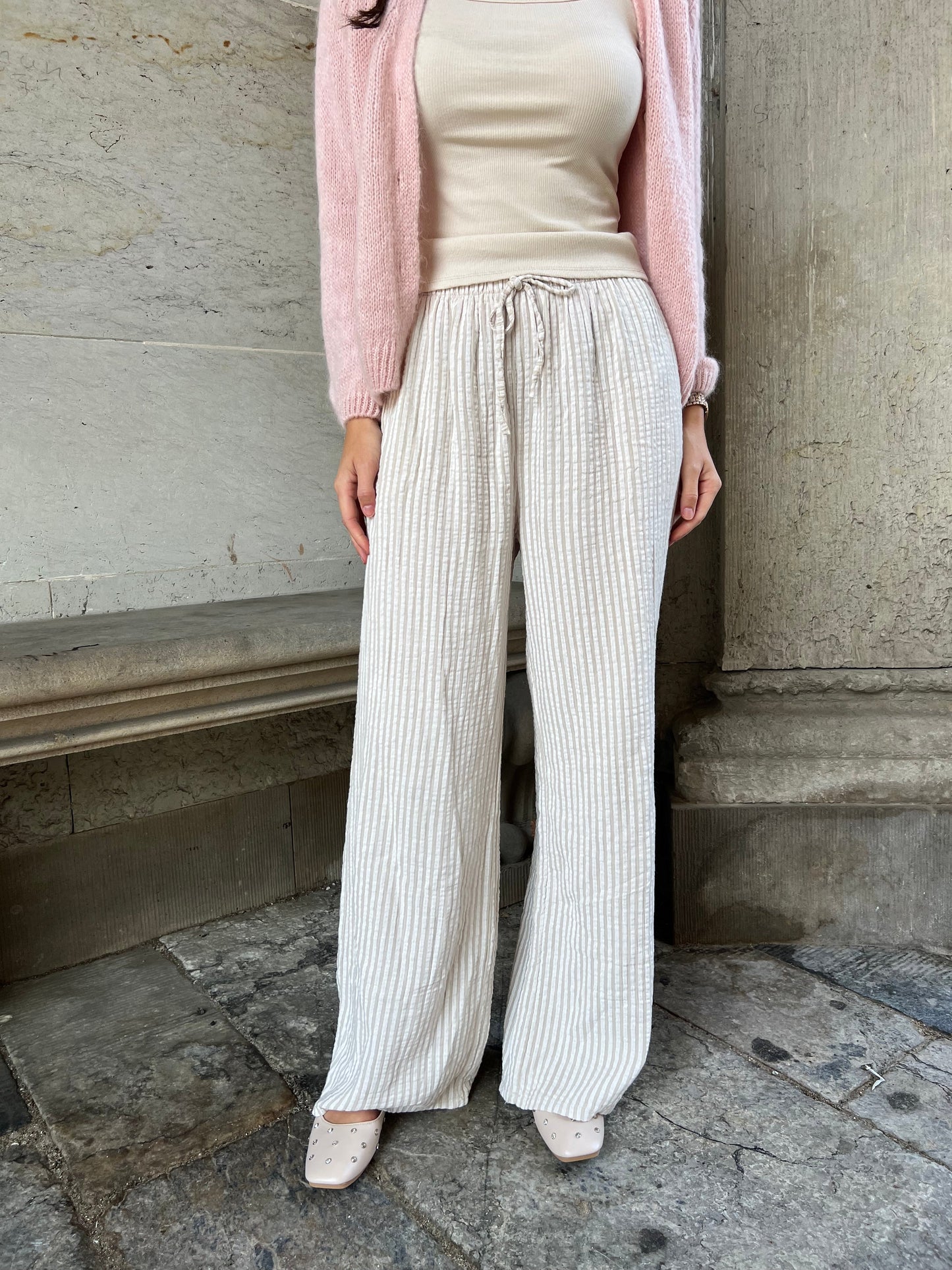 Sandy beige - Striped cotton gauze pants (3007)